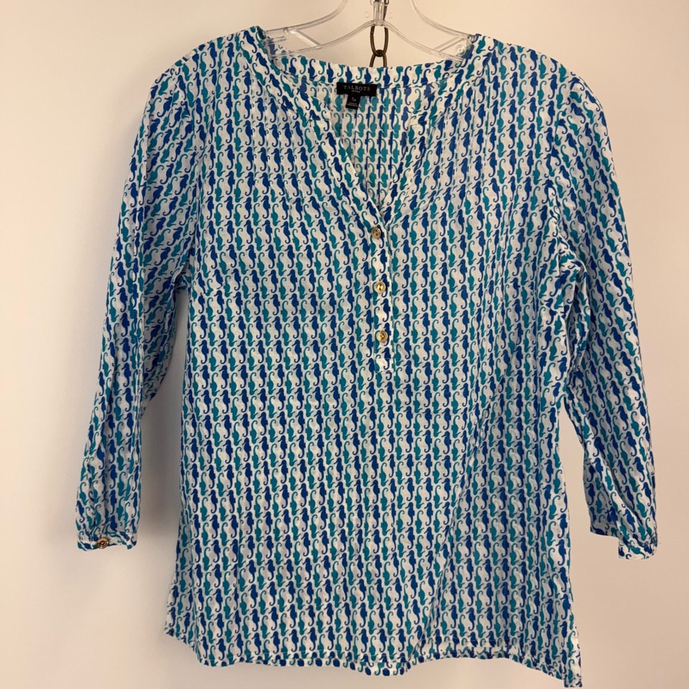 Talbots Petite Seahorse Print Cotton Blouse Top Size SP Blue White Nautical